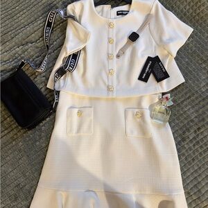 Karl Lagerfeld Paris Tweed Dress Set Size 12 NWT Cream 2 Piece Skirt Suit